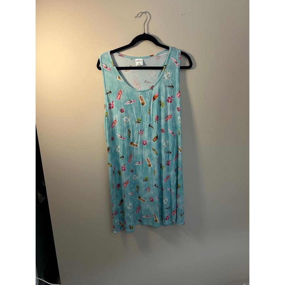 Soma XL Sleeveless Lounge Dress Aqua Blue Novelty Print Beach Relax Sleepwear‎